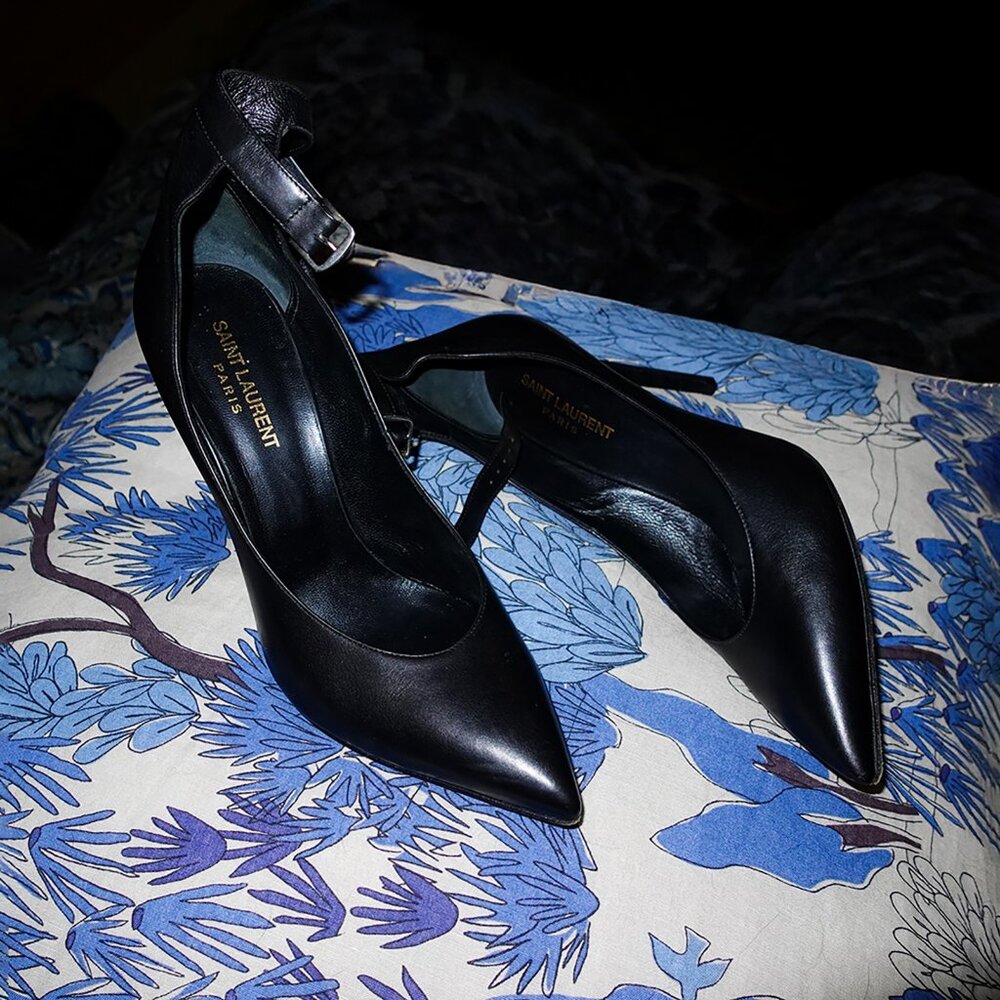 Saint Laurent Seta Calfskin Astra Paris Black Ankle Strap Pumps - FR 39/US 8.5